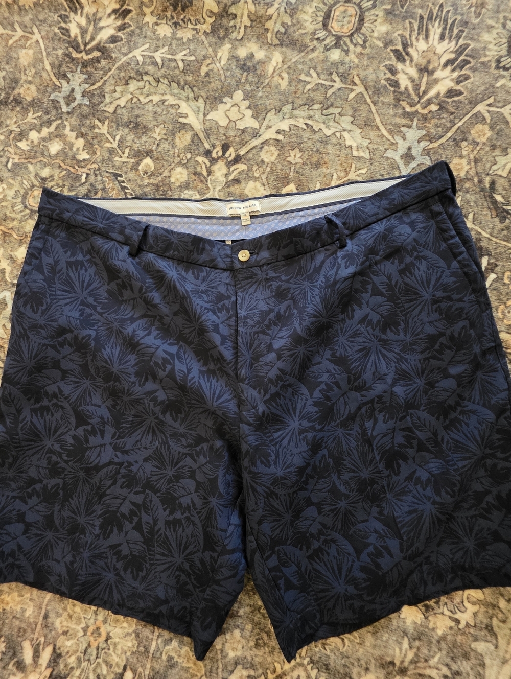 Peter Millar Navy and Black Tropical-Leaf Flat Front Shorts